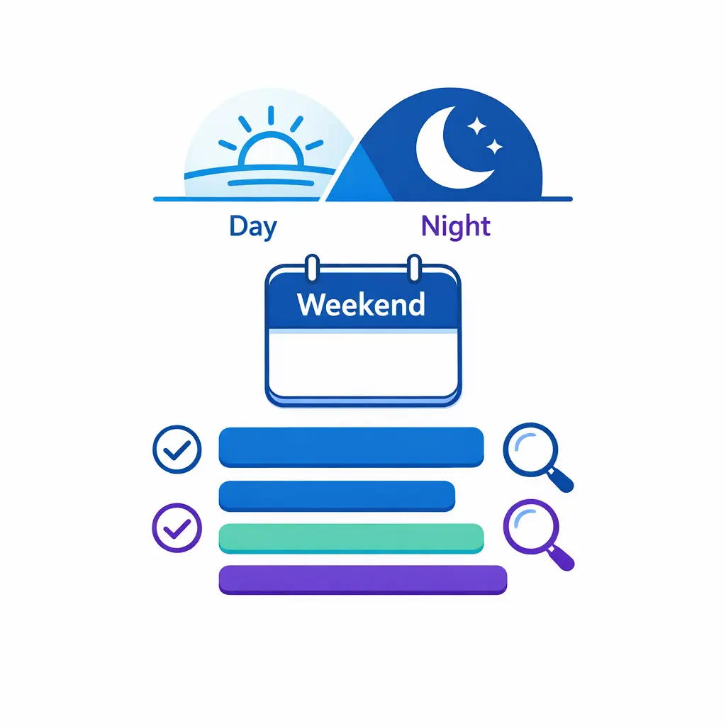 Moon and calendar cues frame a robust overnight and weekend service model with equal supervision and routing discipline.