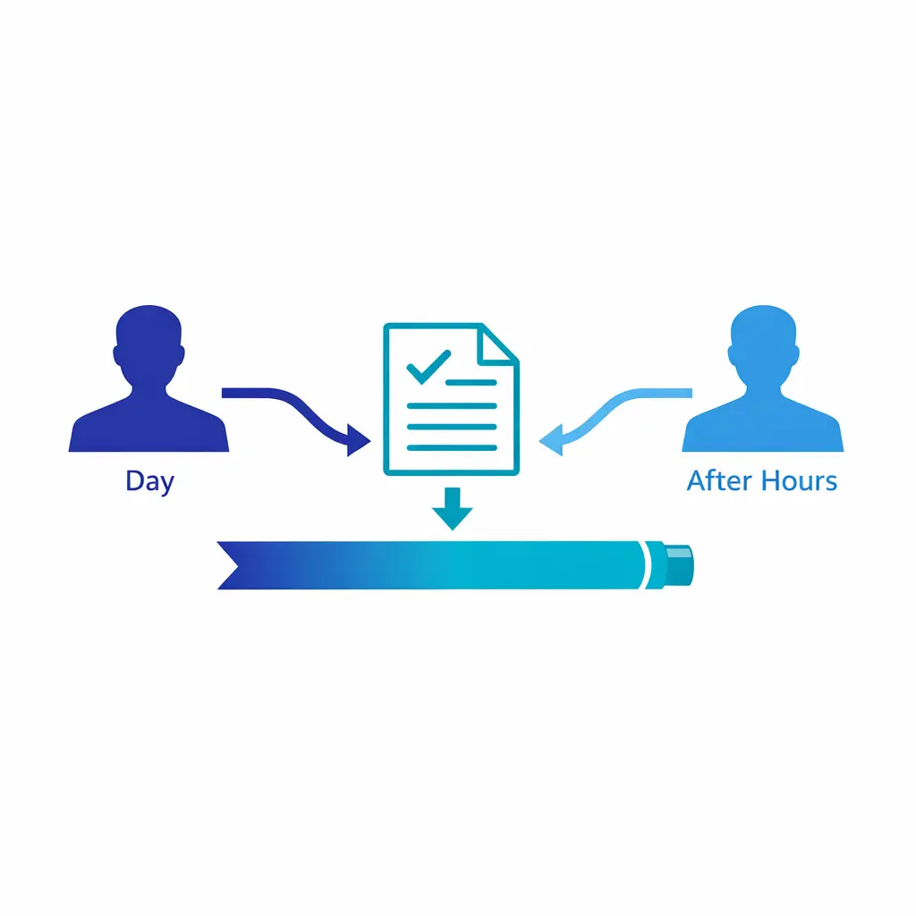 A coverage diagram keeps overflow and after-hours intake consistent with daytime operations.