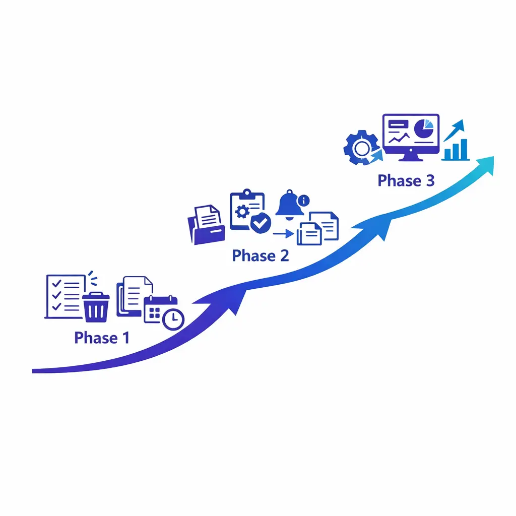 A three-phase roadmap moves from low-risk admin work to workflow support and then scaled automation.