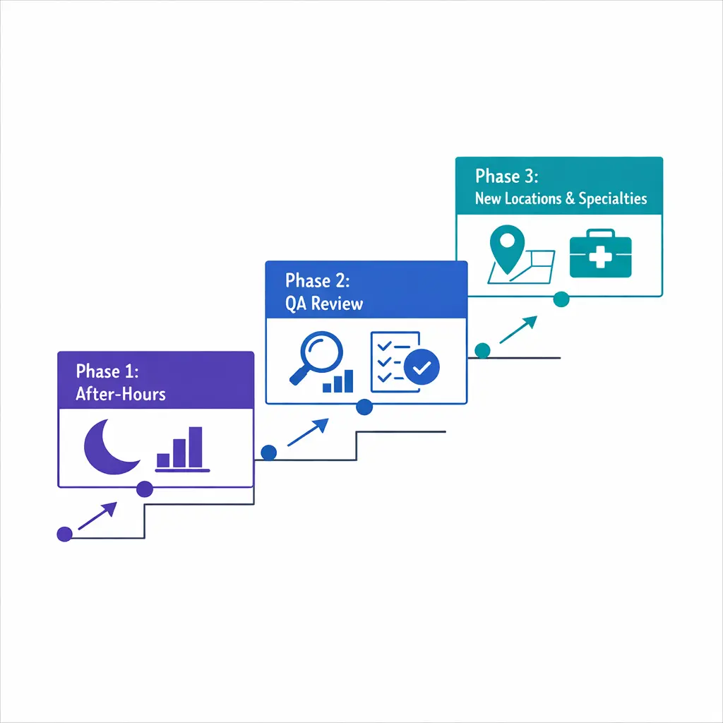 A phased rollout diagram shows starting with overflow or after-hours before expanding by location and specialty.