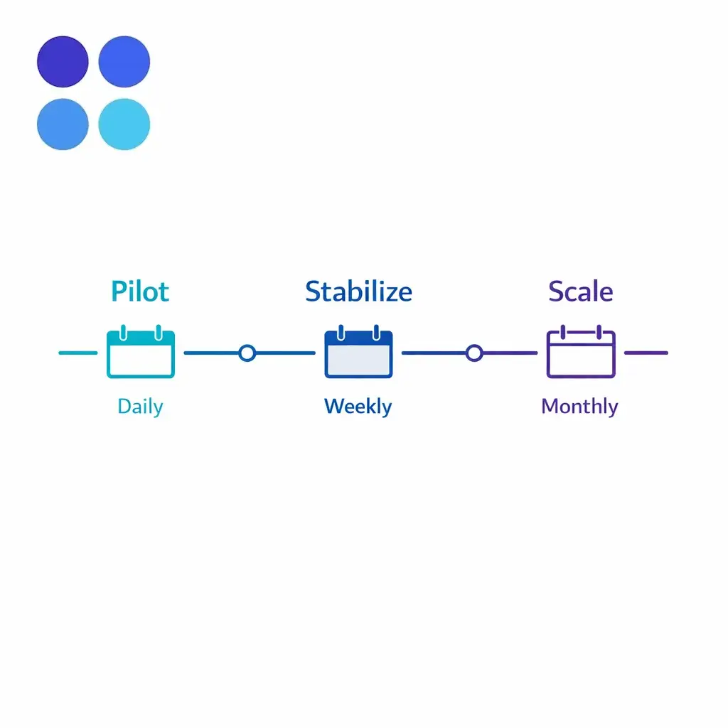 A staged roadmap shows pilot, stabilization, and scale with daily, weekly, and monthly reporting beats.