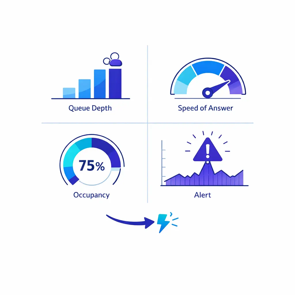 A live dashboard with queue depth alerts helps supervisors react before abandonment spikes worsen.