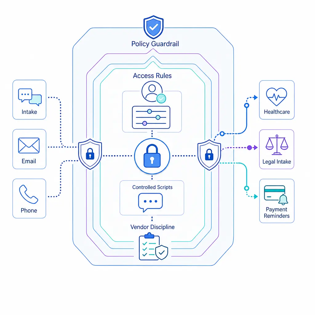 Secure guardrails depict healthcare, legal, and payment-sensitive outbound workflows with controlled access.