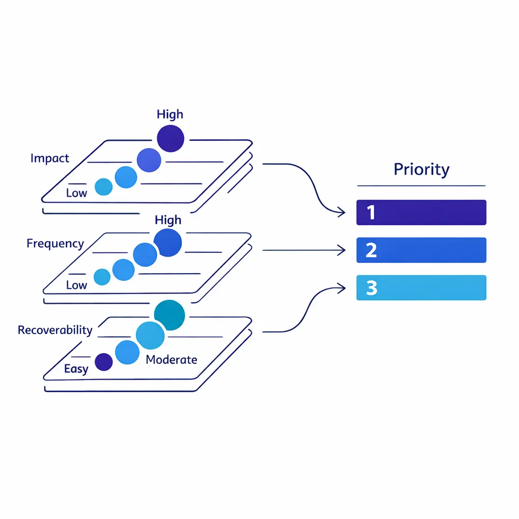 A clean impact, frequency, and recoverability matrix ranks service issues by urgency and customer effect.