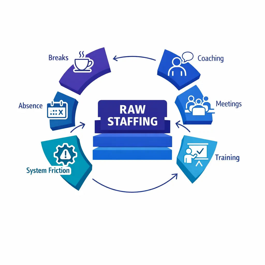 A central staffing result is surrounded by break, training, meeting, and absence factors reducing availability.