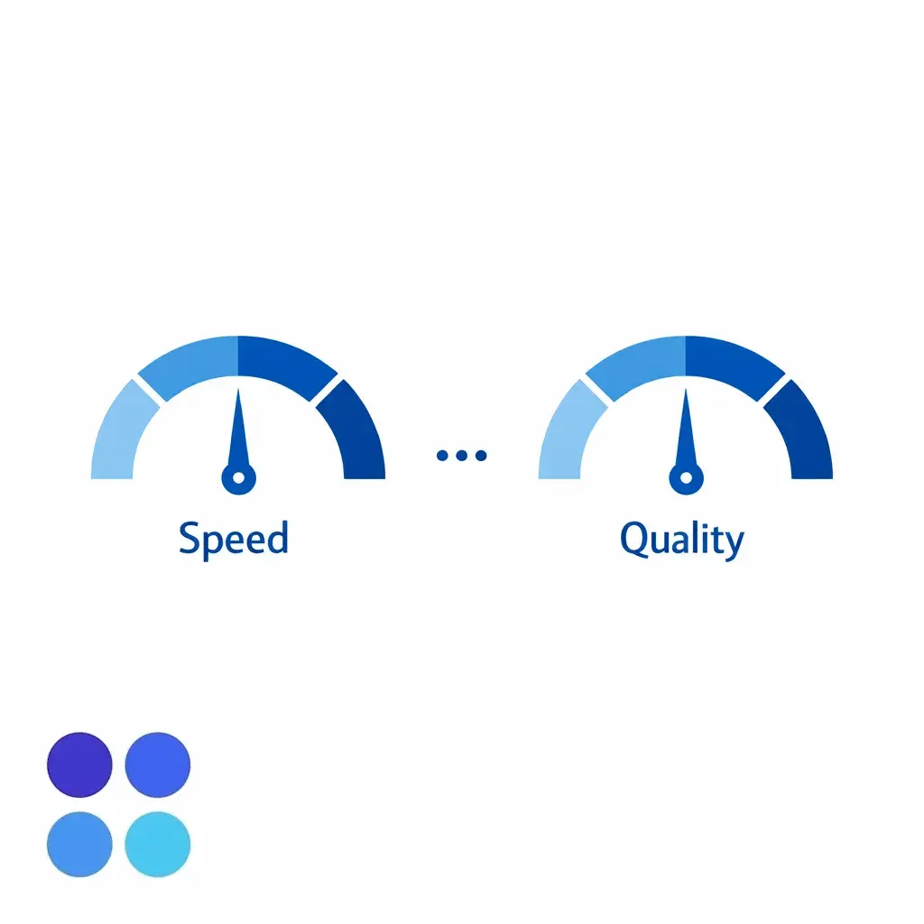 Two gauges compare speed and quality, indicating both are tracked together to prevent rework.