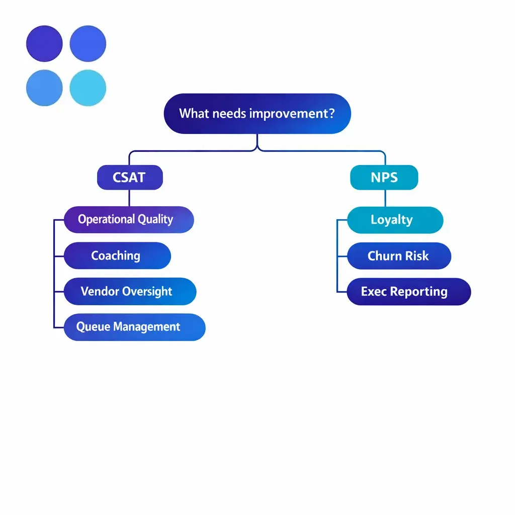 A decision tree maps operational improvement goals to CSAT and relationship goals to NPS.