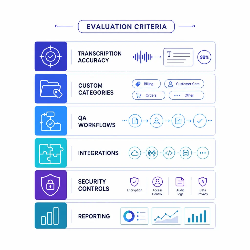 A software evaluation grid highlights transcription, categories, workflows, security, and integrations.