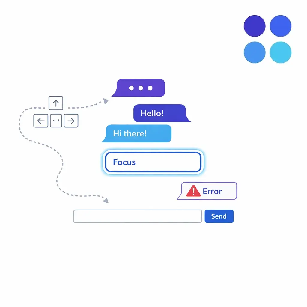 A simple accessibility concept shows keyboard-friendly chat, readable states, and clear error handling.