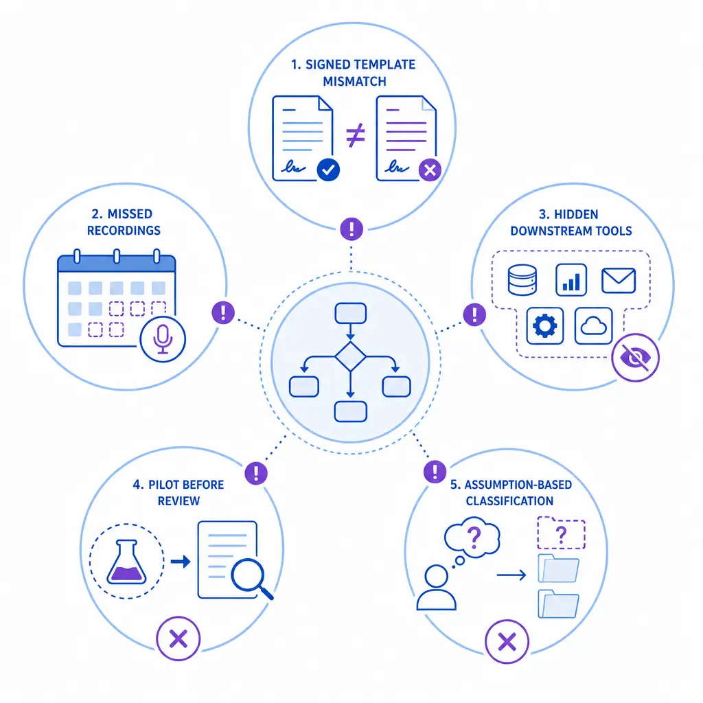 A caution-style workflow highlights common review gaps like recordings, pilots, templates, and hidden tool chains.
