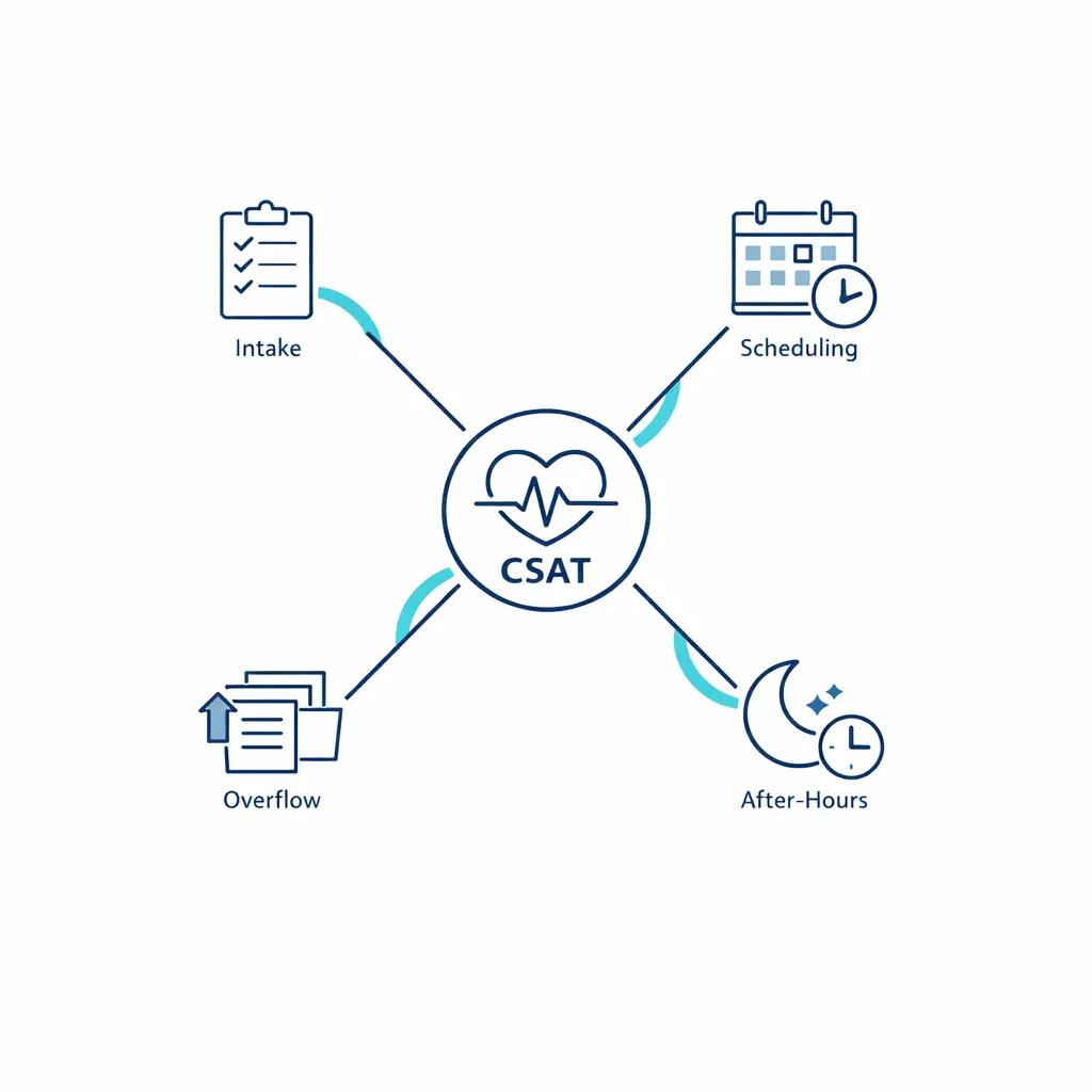 Calls, chats, intake, and scheduling icons surround a central CSAT pulse for high-volume teams.