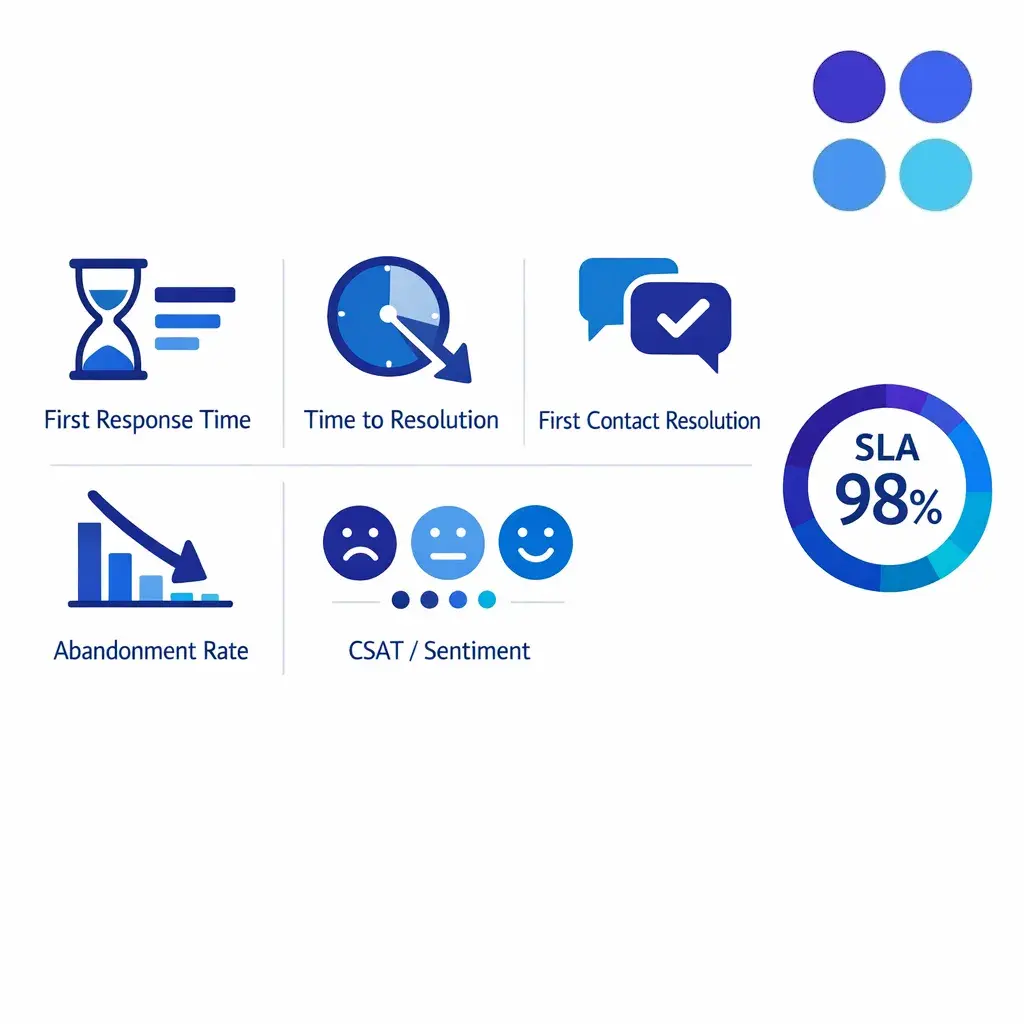 A compact KPI dashboard balances response time, resolution, abandonment, CSAT, and SLA attainment.