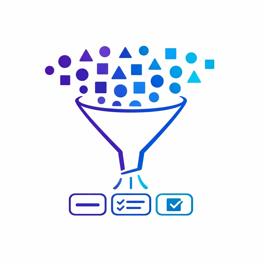 A funnel narrows broad caller details into only the essential fields needed for the next step.