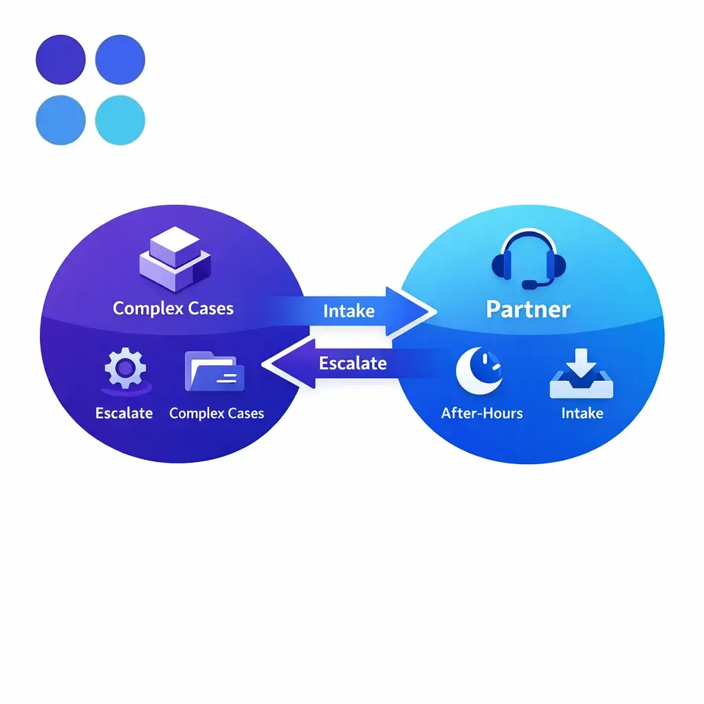 A hybrid diagram shows internal teams handling complex work while a partner covers front-end and after-hours tasks.