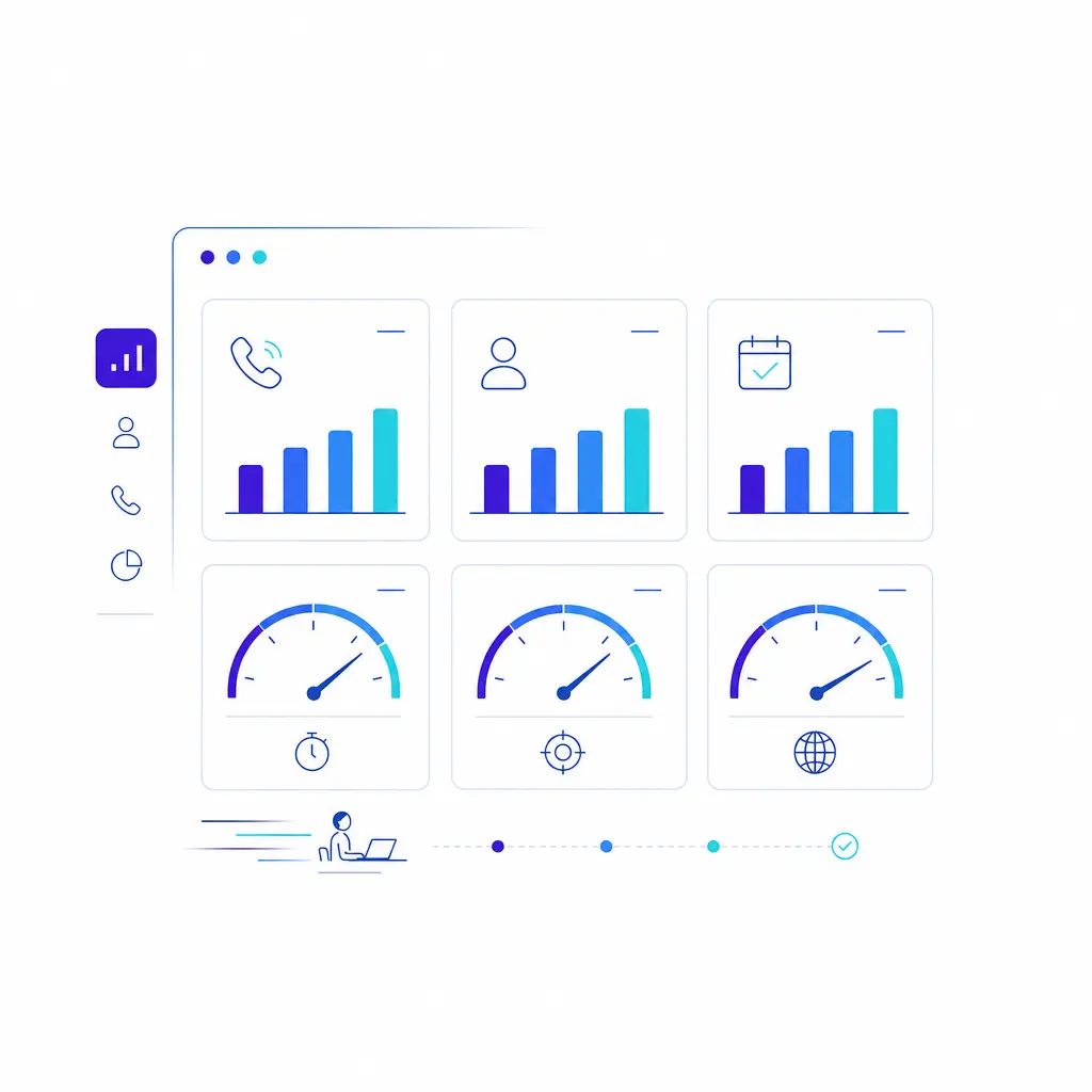 Clean KPI tiles show answered calls, captured leads, booked consults, speed, accuracy, and coverage.