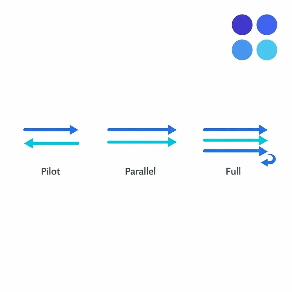Three mini diagrams compare pilot queue, parallel run, and full cutover with failback.