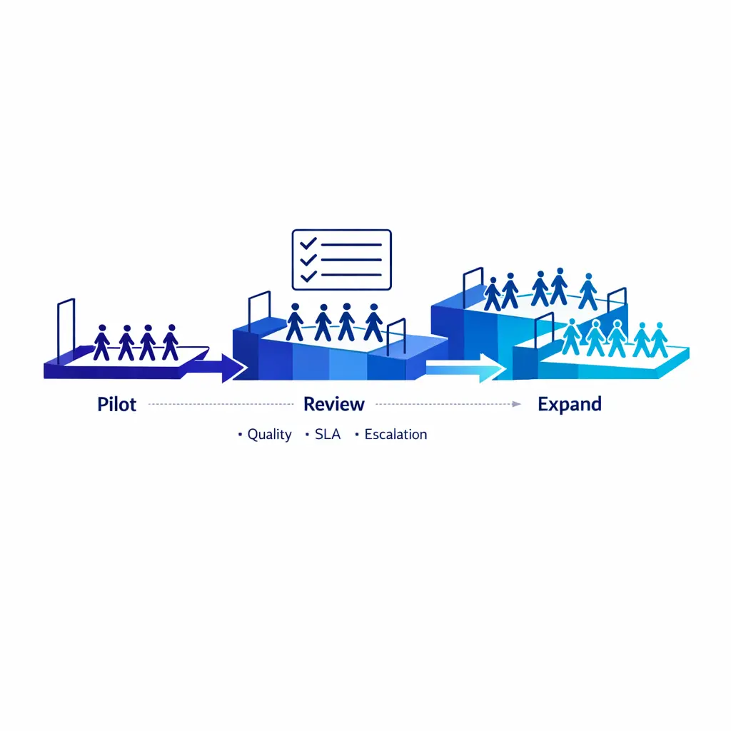 A narrow pilot expands through measured gates only after quality and coverage targets are met.