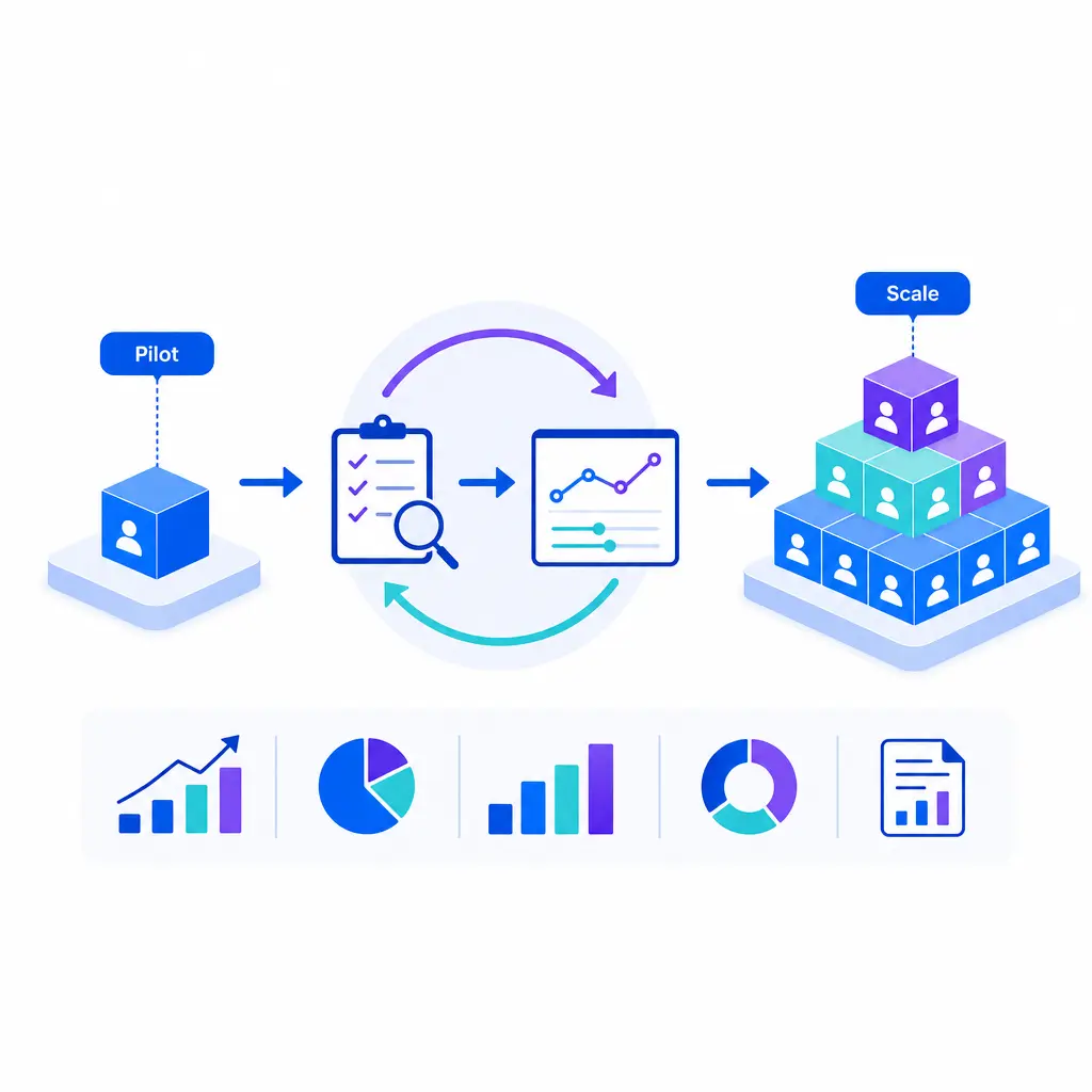 A small test segment grows into a larger rollout through review, optimization, and measured expansion.