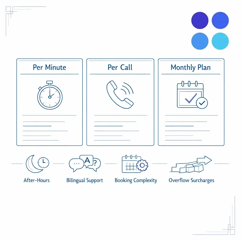 A transparent pricing graphic compares per-minute, per-call, and monthly plans with bilingual and after-hours cost drivers.