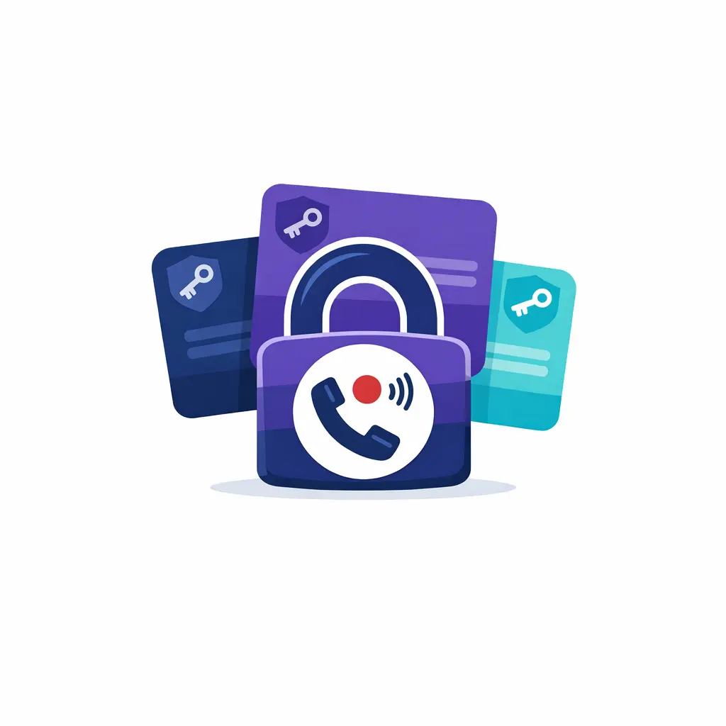A lock and layered access cards depict controlled access to call recordings and transcripts.