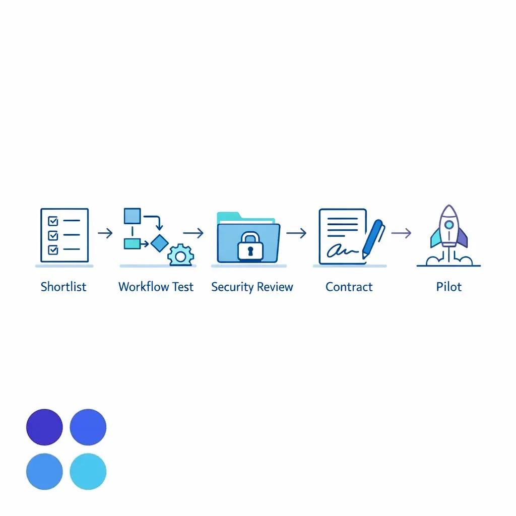 A step-by-step diligence path moves from shortlist to workflow testing, security review, contracting, and pilot launch.