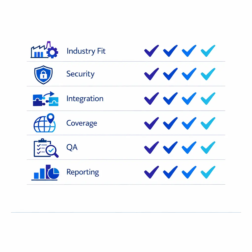 A buyer-focused checklist compares industry fit, security, integration, QA, and reporting readiness.