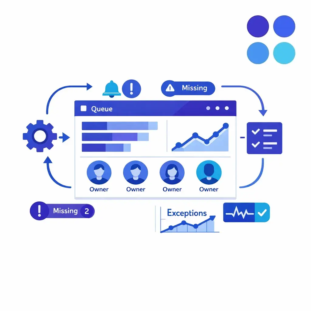 Automation and reporting reveal queue health, missing items, exceptions, and owner accountability.