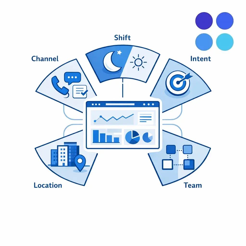 A segmented dashboard breaks performance into channel, shift, intent, and operator views for root-cause analysis.