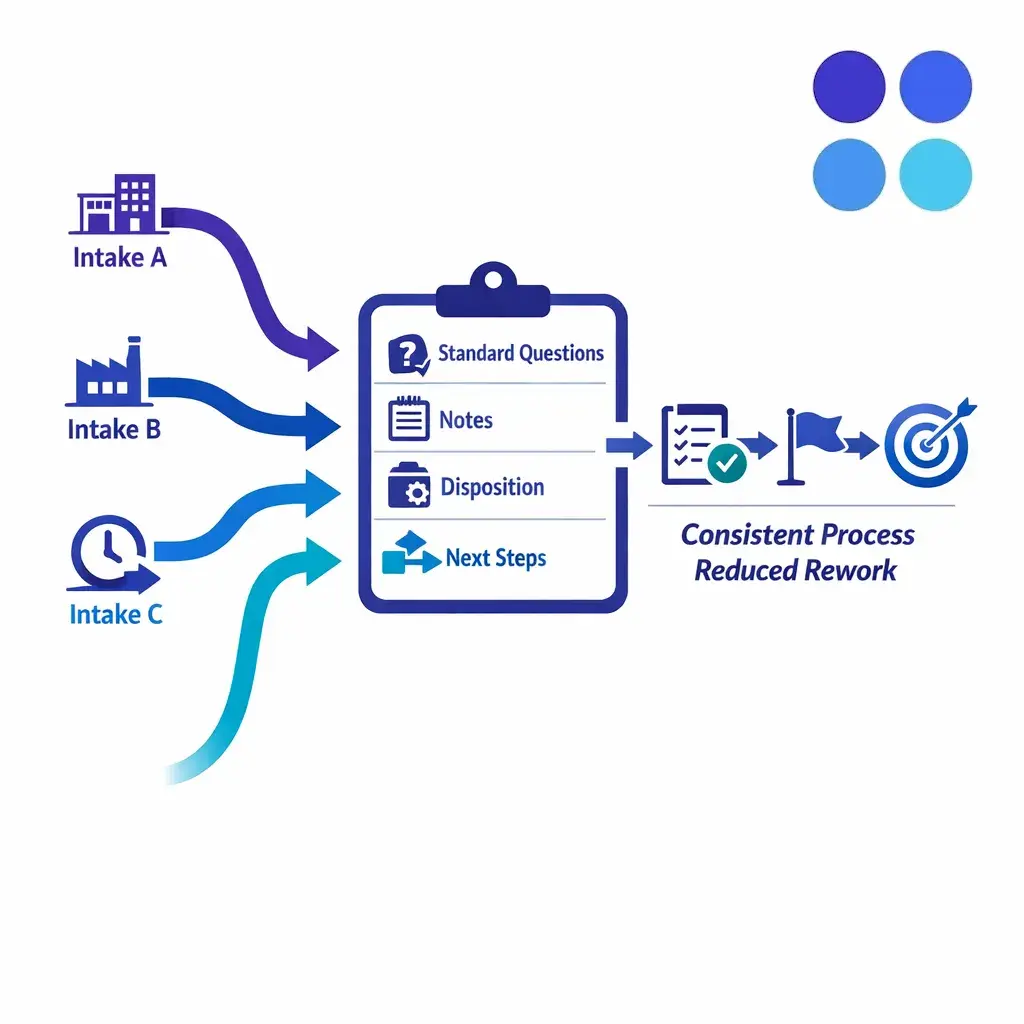 Multiple intake lanes merge into one consistent process with shared required fields and outcomes.