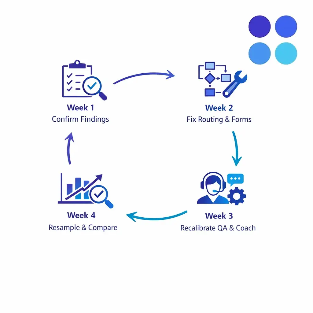 A four-week action timeline maps routing fixes, QA calibration, coaching, and resampling into a practical recovery plan.