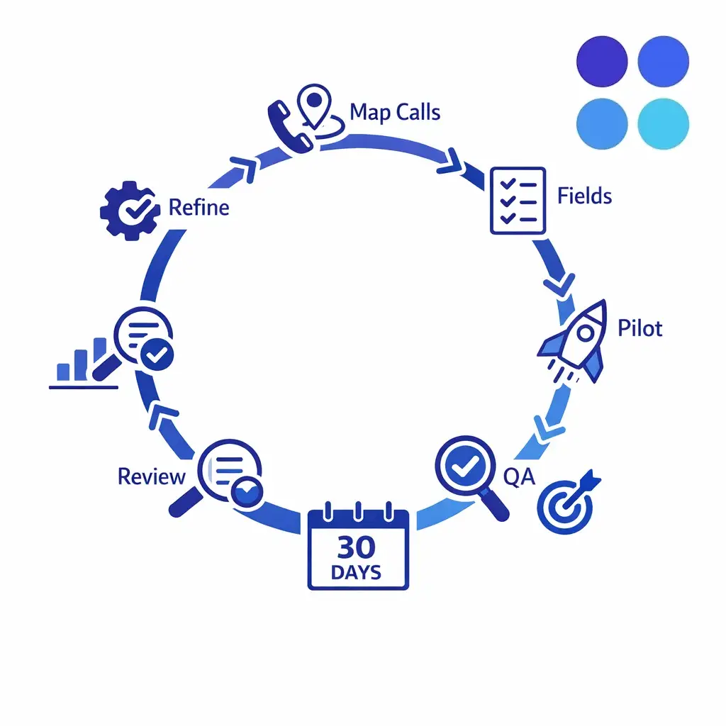 A circular review loop shows pilot tracking, QA review, and KPI-based workflow refinement.