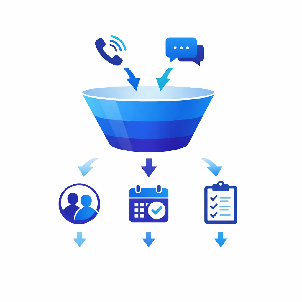 A clean funnel links answered calls to booked consults, captured leads, and completed intake forms.