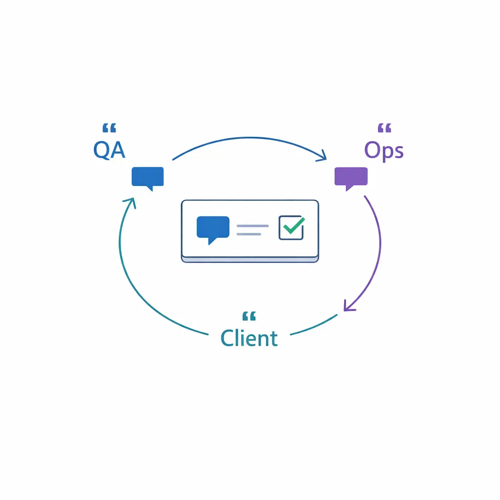 Three review nodes examine the same call to align QA, operations, and client standards.