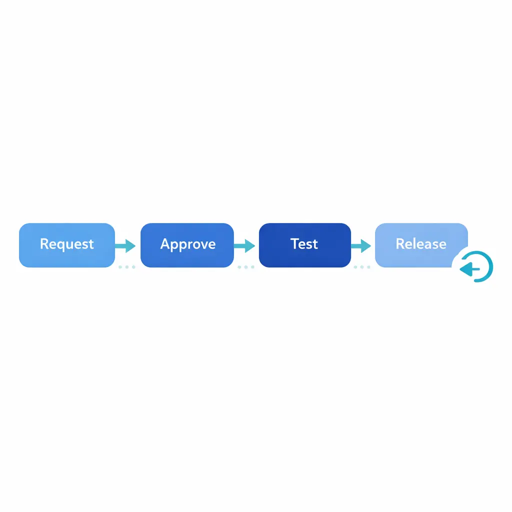 A controlled flow shows request, approval, test, and release steps preventing shadow updates.
