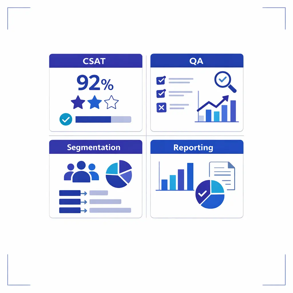 A simple support scorecard combines CSAT, QA, segmentation, and reporting in one clean operational view.