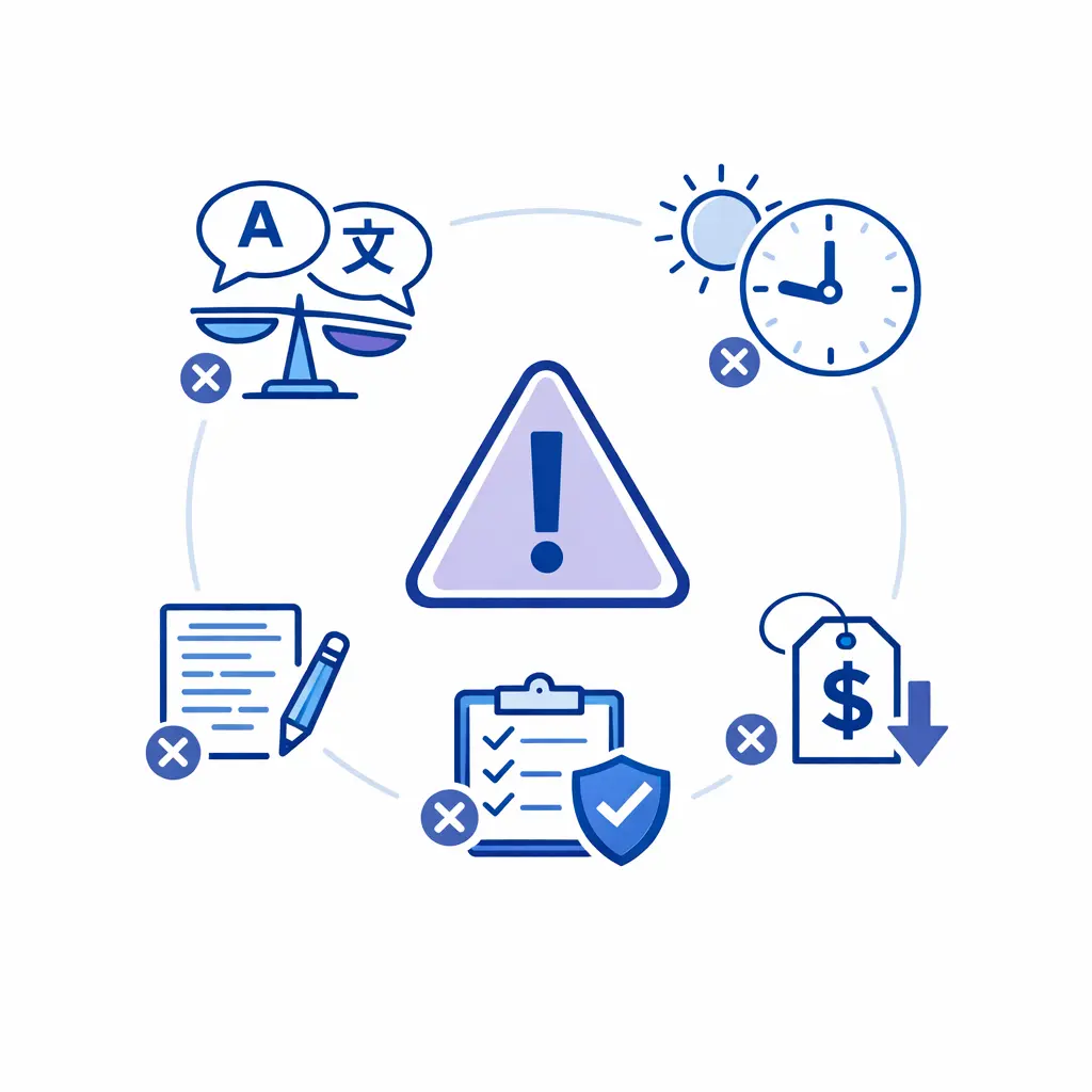 Five simple mistake icons summarize unequal quality, daytime-only testing, weak output review, vague compliance, and price-first buying.