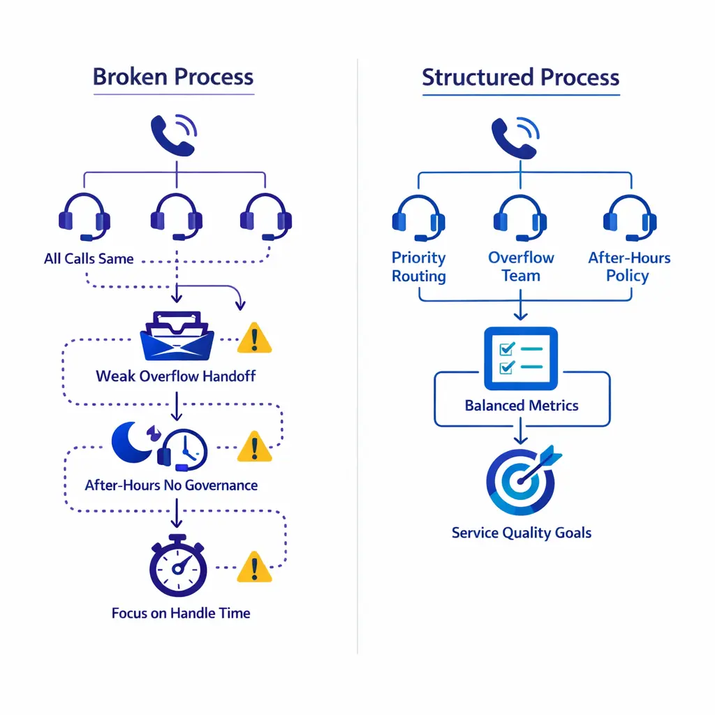 A warning-style process diagram shows common support line mistakes like weak triage and informal overflow.