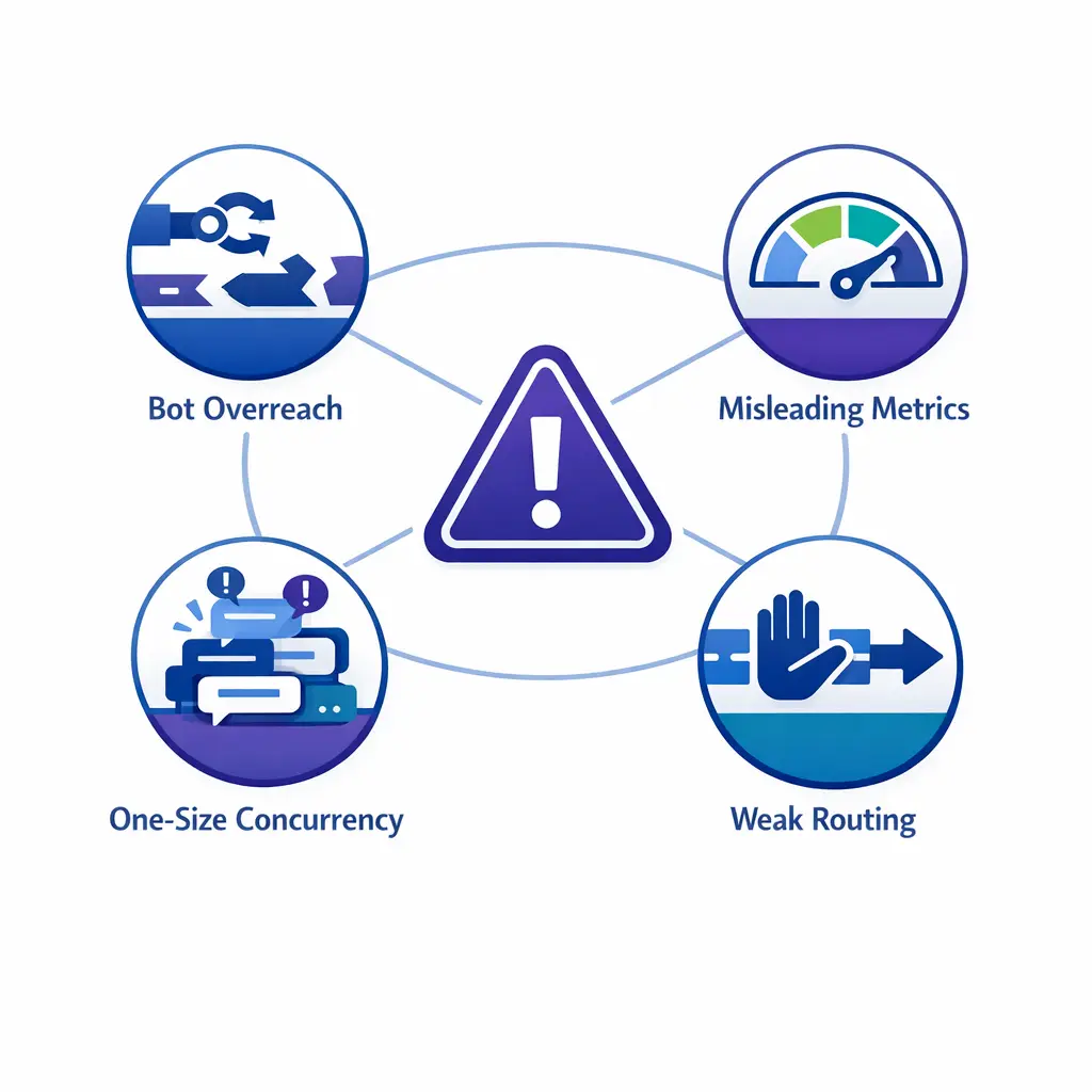 A caution graphic highlights chat mistakes like bot overreach, shallow metrics, and poor routing design.