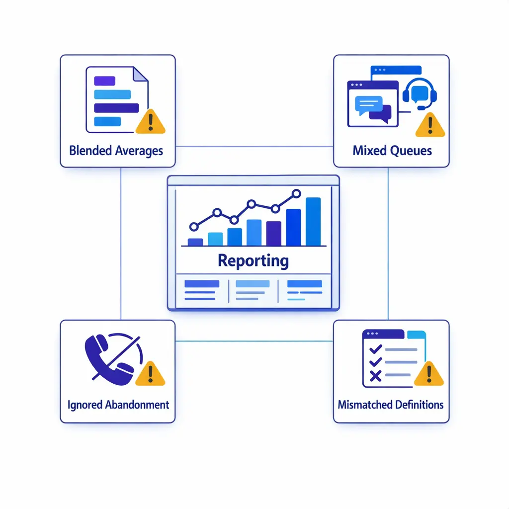 A checklist-style graphic highlights blended averages, mixed queues, and ignored abandonment as reporting mistakes.