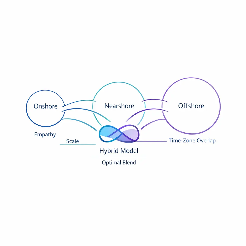 Onshore, nearshore, and offshore options are shown as a hybrid coverage model aligned to workflow needs.
