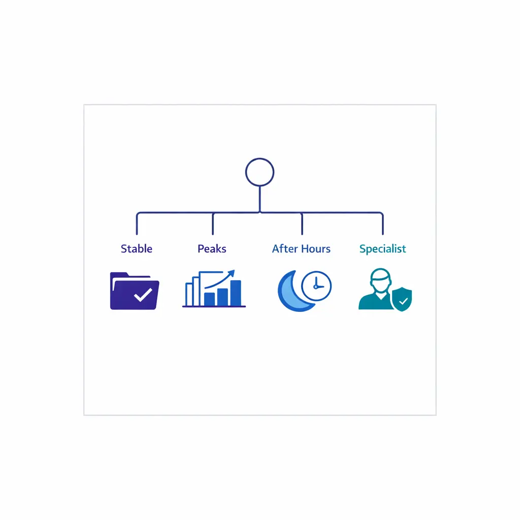 A clean decision tree maps stable demand, spikes, and after-hours needs to the right coverage approach.