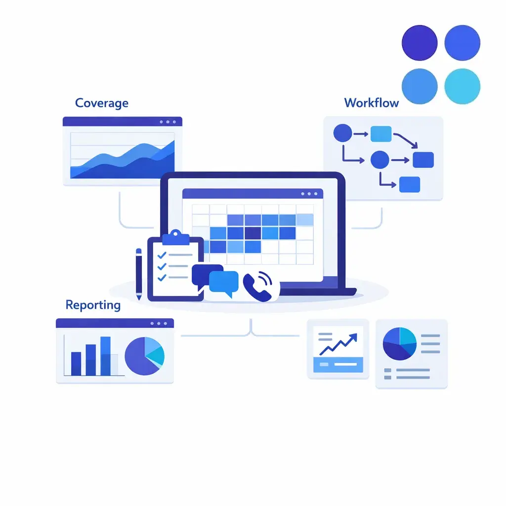 A consultative planning scene maps coverage windows, workflow scope, and reporting needs before provider selection.