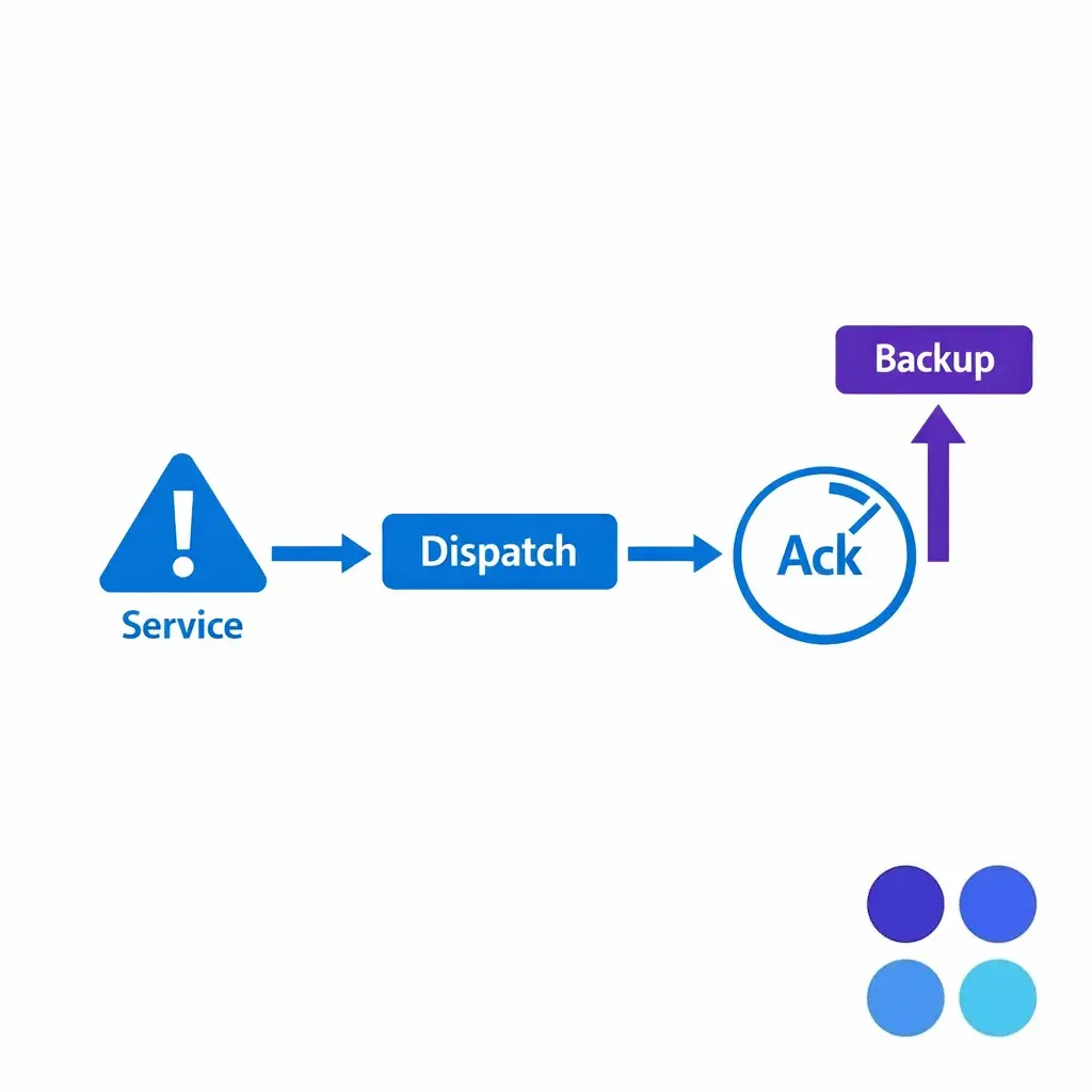 A service failure event routes to on-call dispatch with a backup step if no acknowledgment.