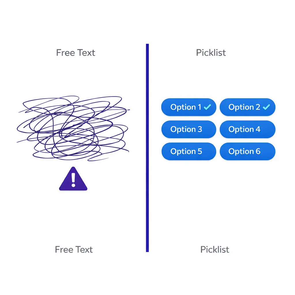 Messy free-text notes contrast with clean picklist chips for consistent reporting.