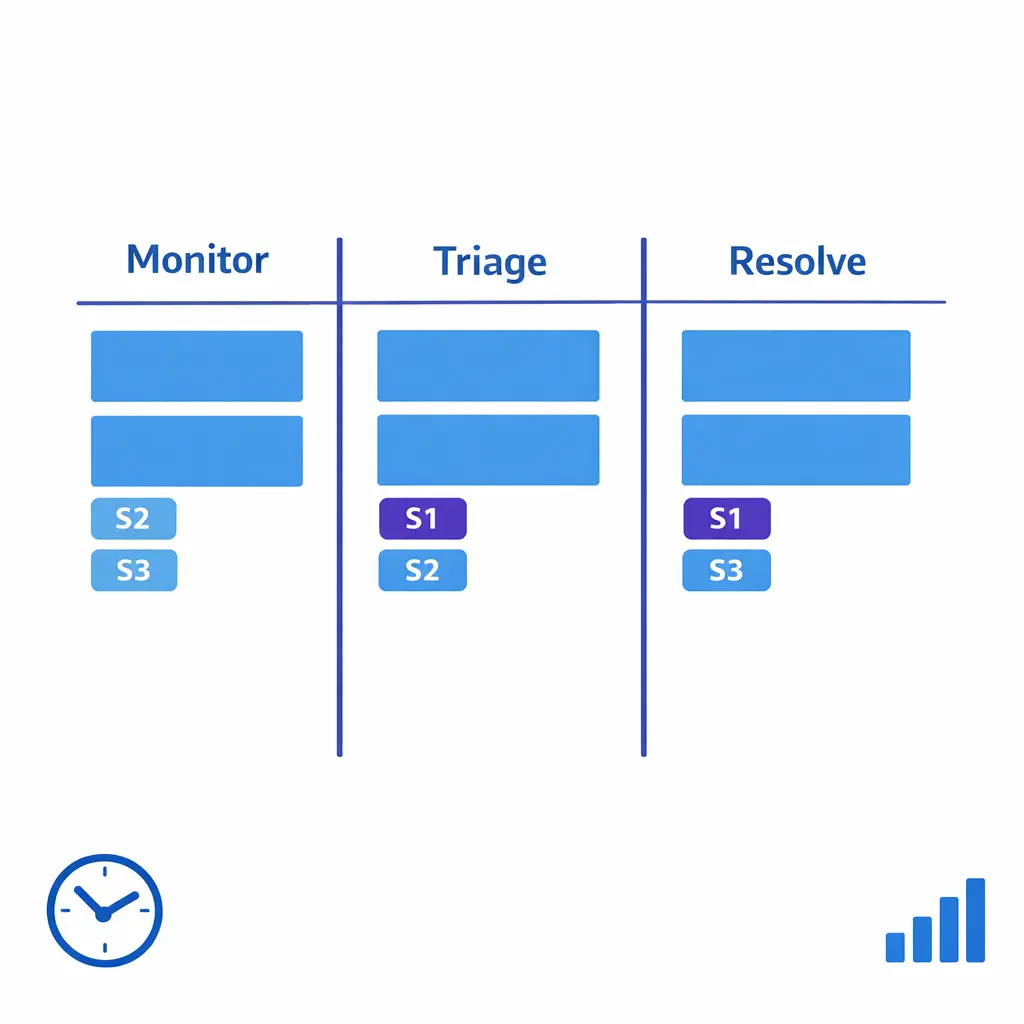 A war-room board shows live monitoring, issue severity lanes, and clear decision ownership.