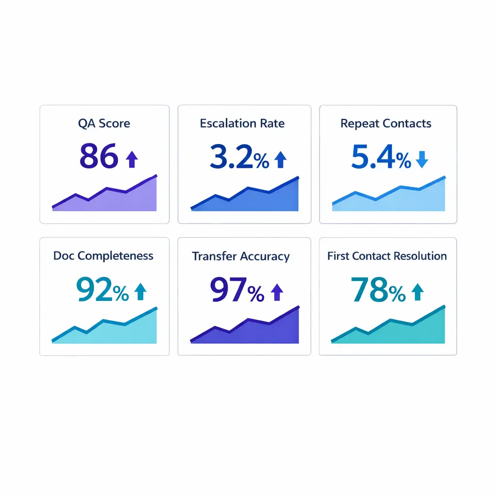 A concise dashboard highlights QA, escalations, repeat contacts, and note quality trends.