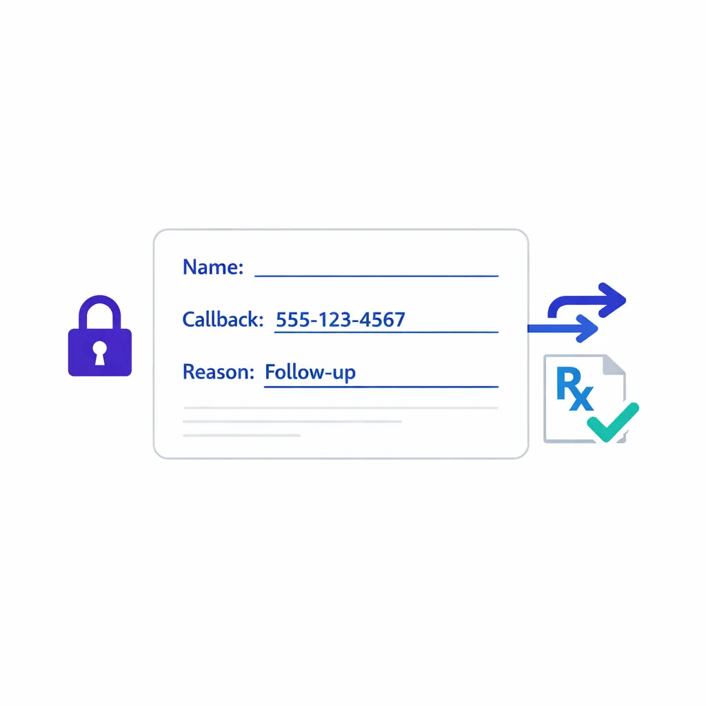 A simplified patient info card highlights collecting only essential fields for routing and callback.