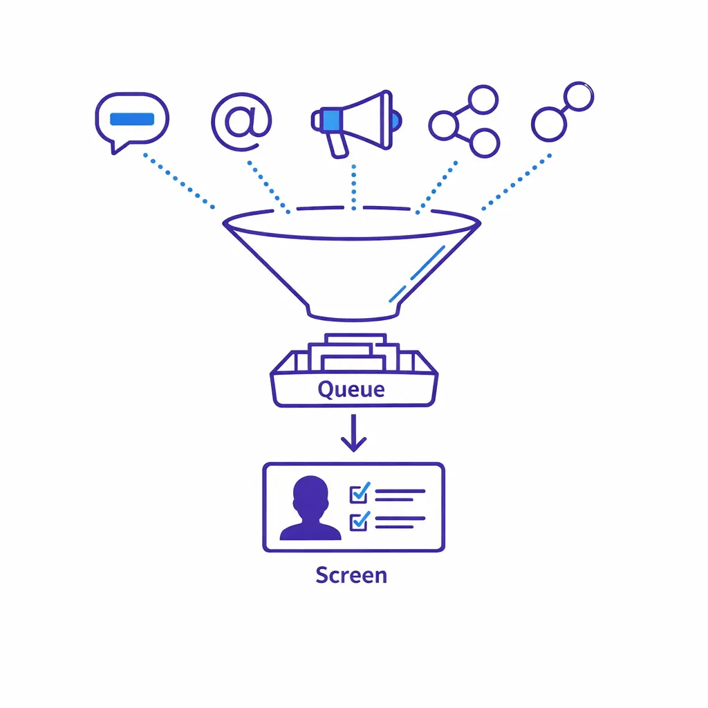 Phone, web, SMS, and chat inputs funnel into one queue to ensure consistent screening across channels.