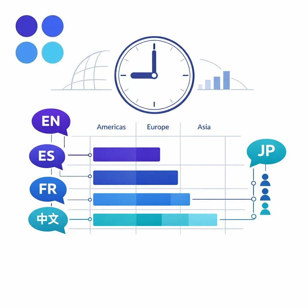 Language-specific support windows are mapped to queues and time zones with clean operational clarity.