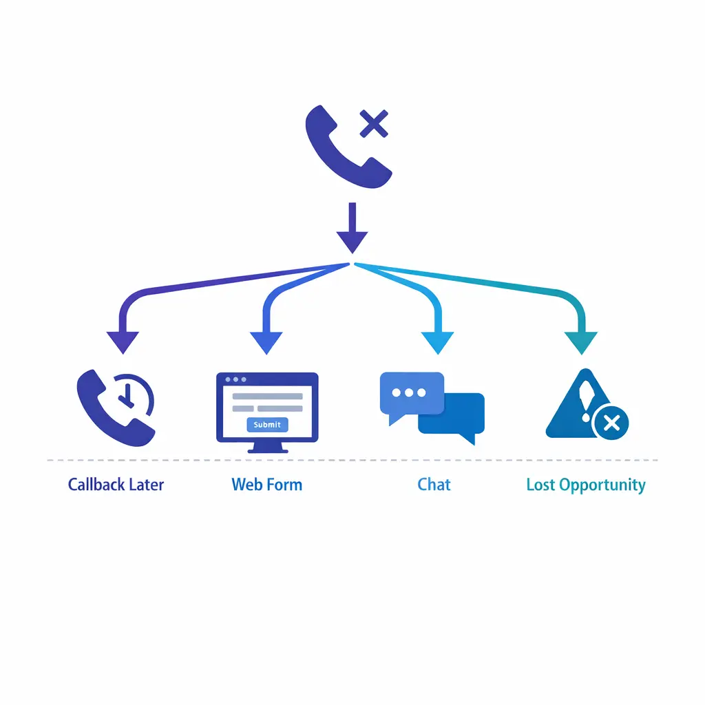 An abandoned caller path splits into callbacks, web intake, chat, and true loss outcomes.